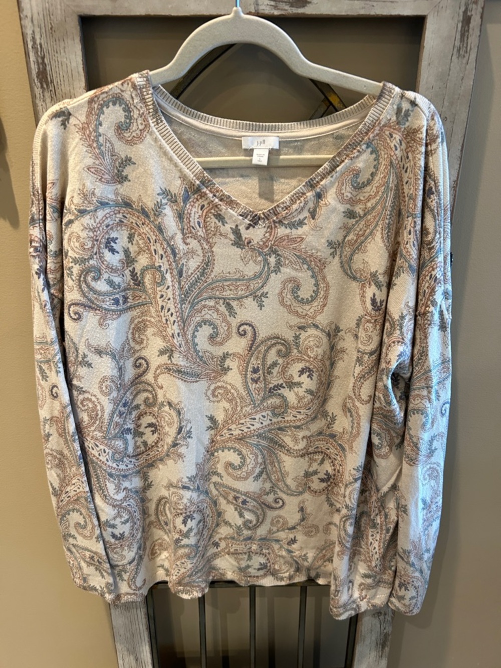 J. Jill Paisley V-Neck Sweater in Cream with Blue & Brown Accents